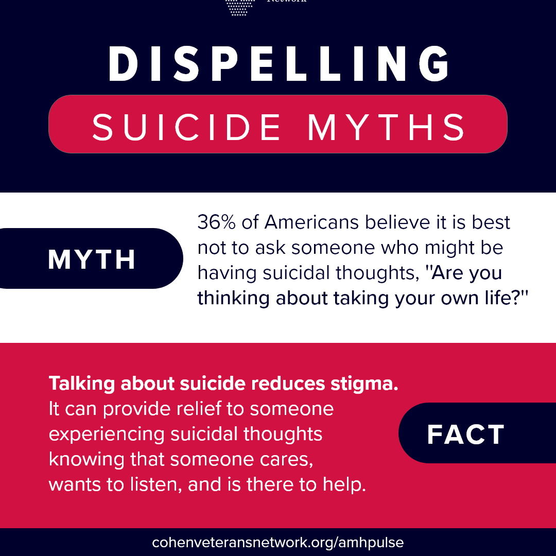 Ask the Question: Talking about suicide reduces stigma. It can provide relief to someone experiencing suicidal thoughts knowing that someone cares, wants to listen, and is there to help.