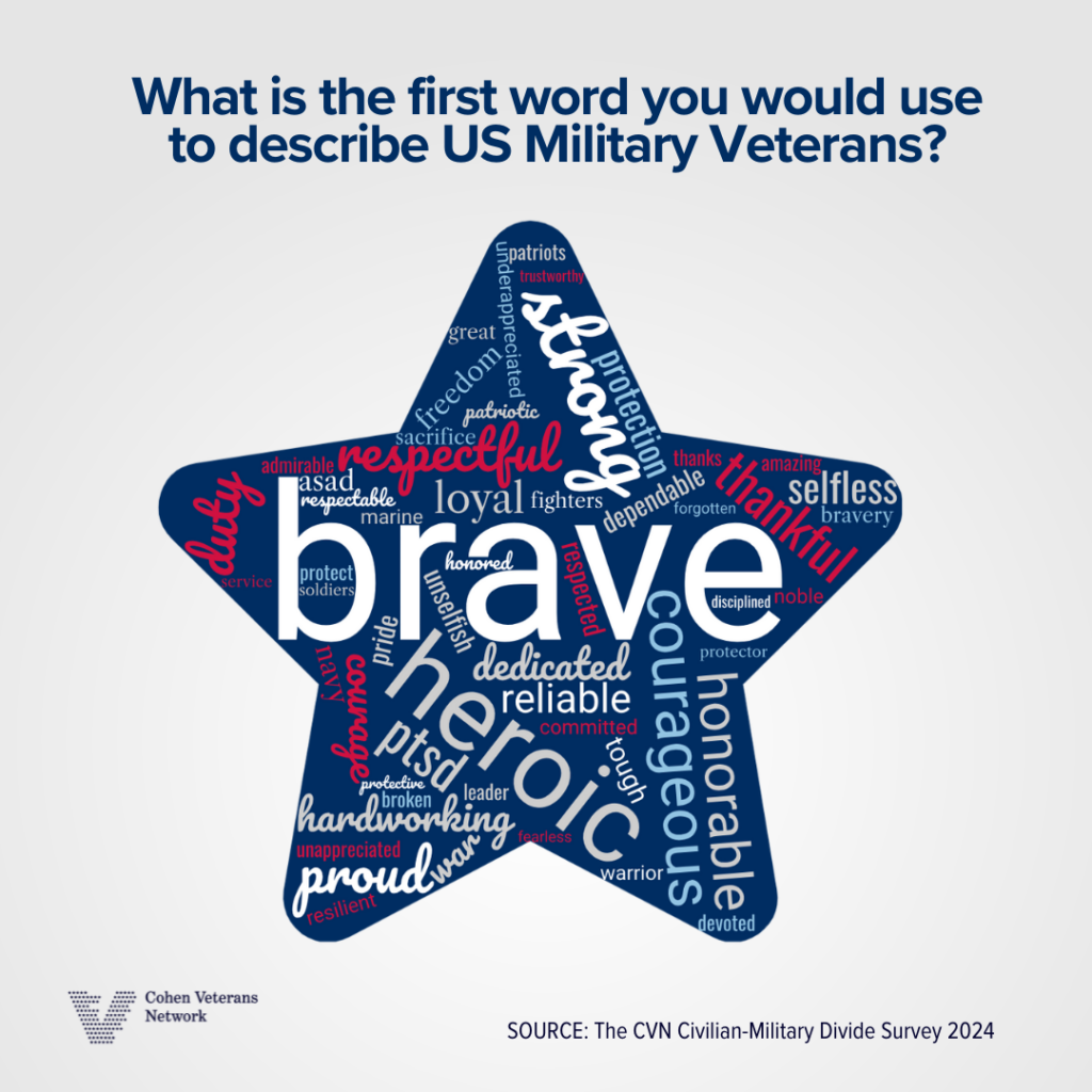 One word to describe veteran word cloud. Civilian Military Divide Survey