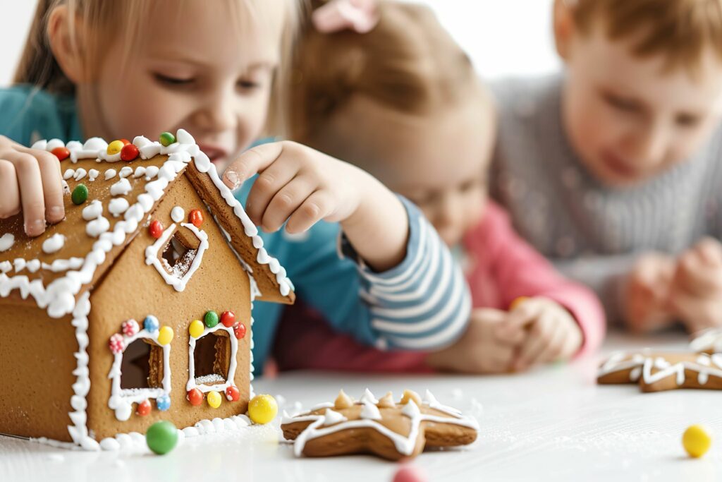 Kids making gingerbread houses during the holidays